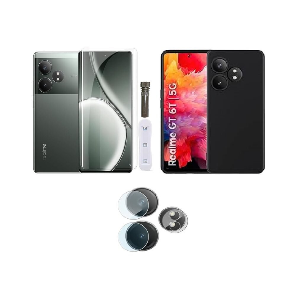 3 in 1 Combo Pack for Realme GT 6T 5G – Silicone Black (Back Cover + Camera Lens Protector + Tempered Glass)
