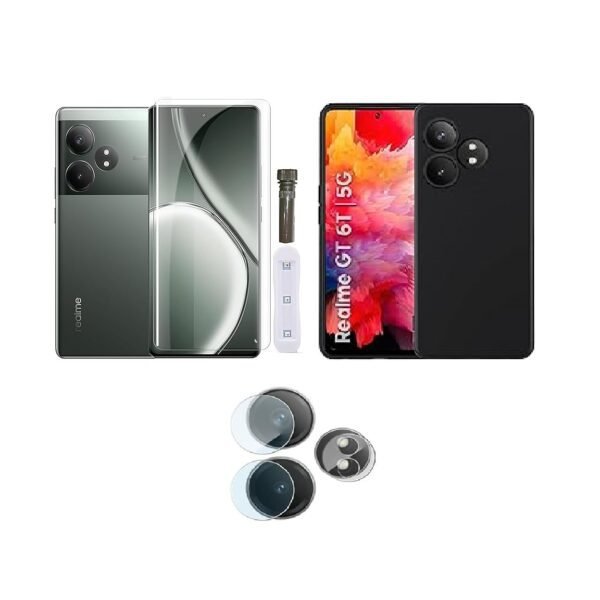 3 in 1 Combo Pack for Realme GT 6T 5G – Silicone Black (Back Cover + Camera Lens Protector + Tempered Glass)