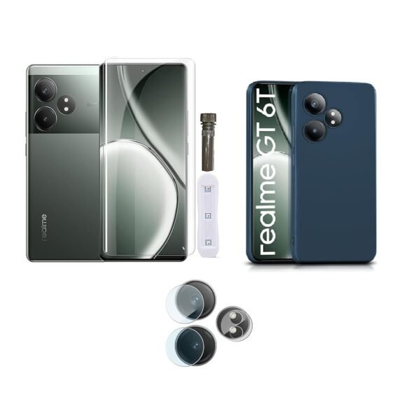 3 in 1 Combo Pack for Realme GT 6T 5G – Silicone Blue (Back Cover + Camera Lens Protector + Tempered Glass)