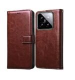 3 in 1 Combo Pack for Xiaomi 14 5G – Flip Brown (Back Cover + Camera Lens Protector + Tempered Glass)