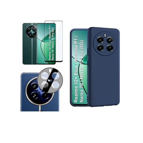 3 in 1 Combo Pack for Realme 12+ Plus/Realme P1 / Narzo 70/70 Pro (5G) – Silicone Blue (Back Cover + Camera Lens Protector + Tempered Glass)