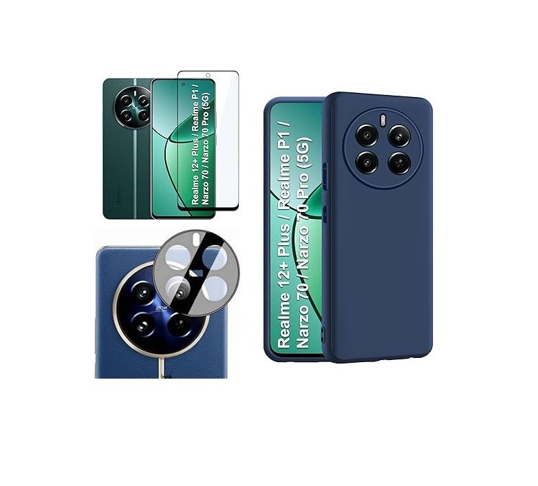 3 in 1 Combo Pack for Realme 12+ Plus/Realme P1 / Narzo 70/70 Pro (5G) – Silicone Blue (Back Cover + Camera Lens Protector + Tempered Glass)