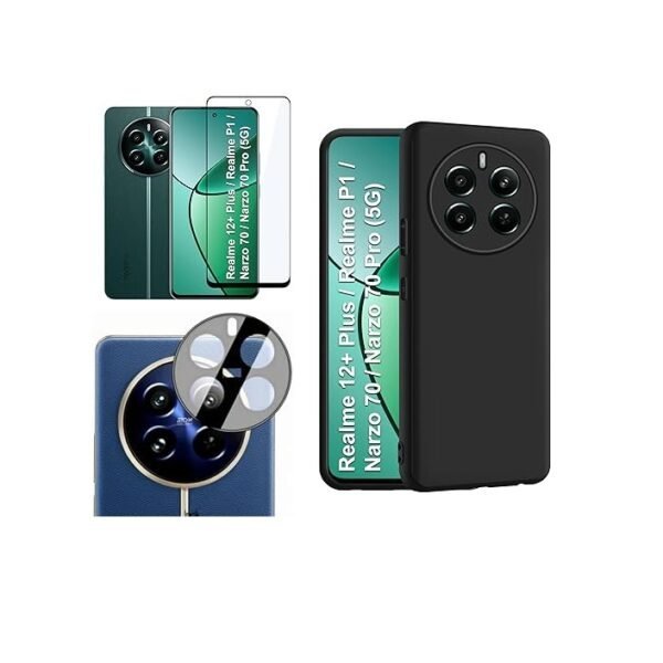 3 in 1 Combo Pack for Realme 12+ Plus/Realme P1 / Narzo 70/70 Pro (5G) – Silicone Black (Back Cover + Camera Lens Protector + Tempered Glass)