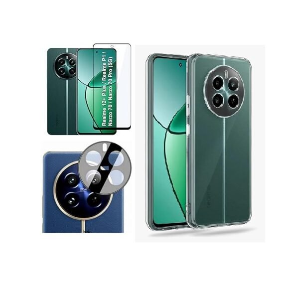 3 in 1 Combo Pack for Realme 12 Plus 5G / Realme P1 5G / Narzo 70 5G / Narzo 70 Pro 5G – Transparent Cover (Back Cover + Camera Lens Protector + Tempered Glass)
