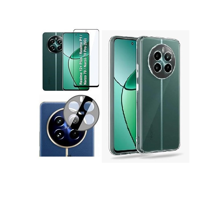 3 in 1 Combo Pack for Realme 12 Plus 5G / Realme P1 5G / Narzo 70 5G / Narzo 70 Pro 5G – Transparent Cover (Back Cover + Camera Lens Protector + Tempered Glass)