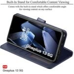 Flip Cover Back Case for OnePlus 13 5G | Genuine Leather Finish | Designer Button | Inbuilt Pockets & Stand | Wallet Style (Flip Blue)