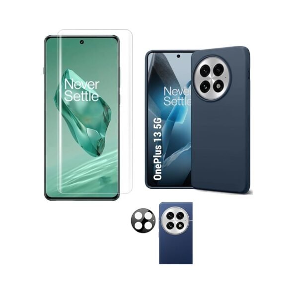 OnePlus 13 5G Silicone Back Cover (Blue) Fibre Lining + Tempered Glass + Camera Lens Protector | 3-in-1 Combo pack.