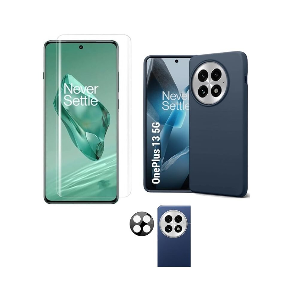 OnePlus 13 5G Silicone Back Cover (Blue) Fibre Lining + Tempered Glass + Camera Lens Protector | 3-in-1 Combo pack.