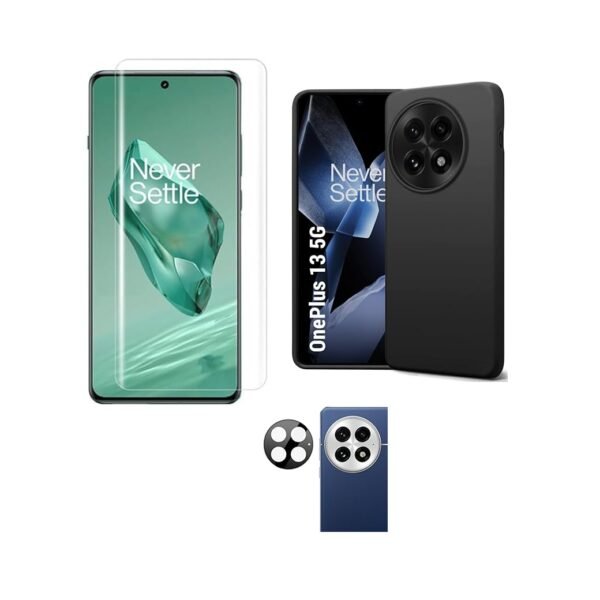 OnePlus 13 5G Silicone Back Cover (Black) + Camera Lens Protector & Tempered Glass Combo pack