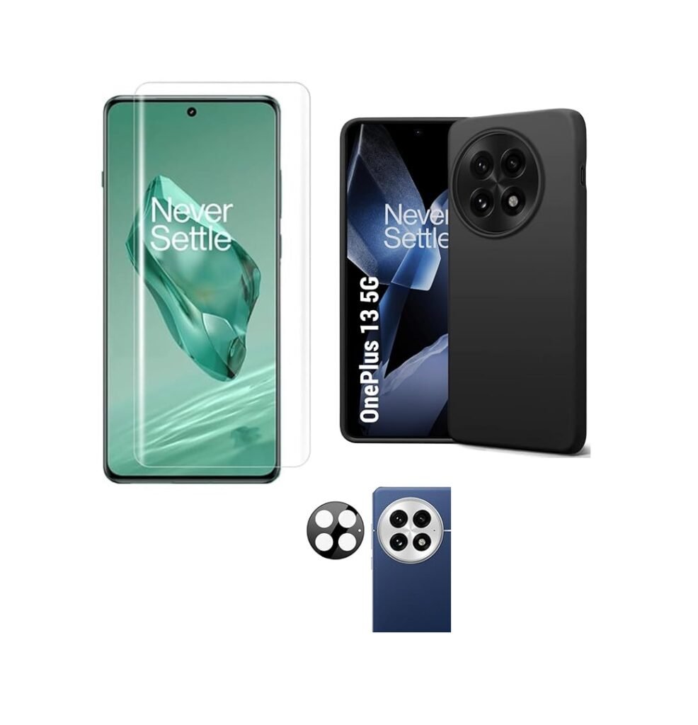 OnePlus 13 5G Silicone Back Cover (Black) + Camera Lens Protector & Tempered Glass Combo pack