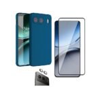 3-in-1 combo Pack Silicone Blue Back Case for OnePlus Nord 4 5G + Screen Glass + Camera Lens Protector (Blue)