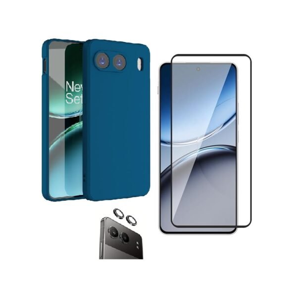 3-in-1 combo Pack Silicone Blue Back Case for OnePlus Nord 4 5G + Screen Glass + Camera Lens Protector (Blue)