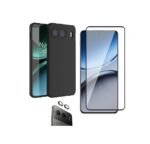 3-in-1 combo Pack Silicone Black Back Case for OnePlus Nord 4 5G + Screen Glass + Camera Lens Protector (Black)