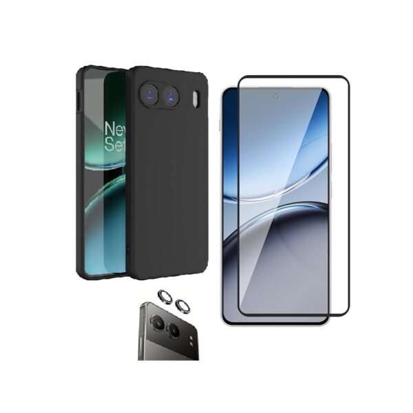 3-in-1 combo Pack Silicone Black Back Case for OnePlus Nord 4 5G + Screen Glass + Camera Lens Protector (Black)
