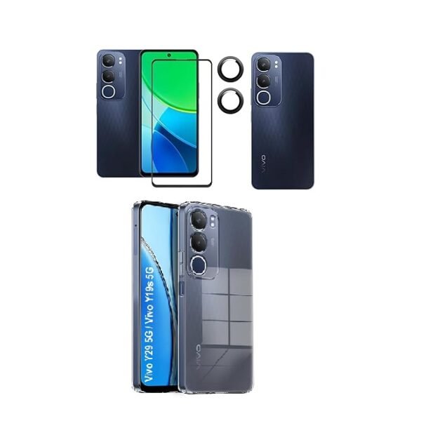 3 in 1 Combo Pack for Vivo Y29 5G – Silicone Transparent (Back Cover + Camera Lens Protector + Tempered Glass)