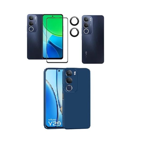 3 in 1 Combo Pack for Vivo Y29 5G – Silicone Blue (Back Cover + Camera Lens Protector + Tempered Glass)