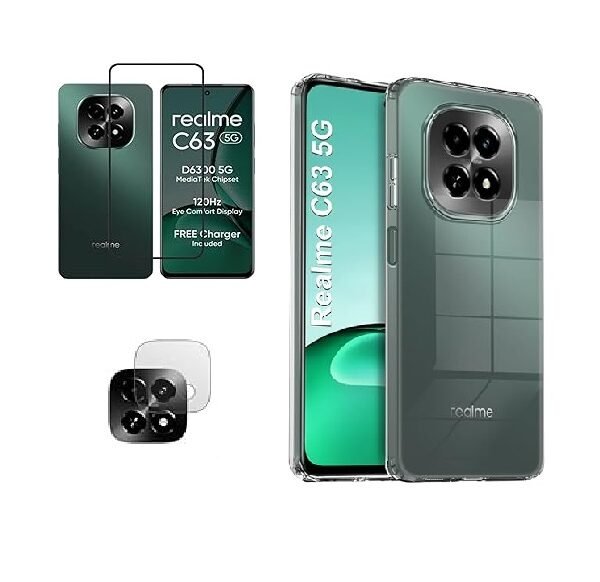 3 in 1 Combo Pack for Realme C63 5G – Transparent (Back Cover + Camera Lens Protector + Tempered Glass)
