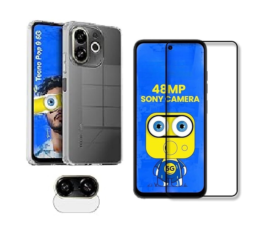 Tecno Pop 9 5G | Tecno Spark 30C 5G Transparent Back Case | Shockproof Full Protection + Camera Lens & Screen Glass Combo pack. Tecno Pop 9 5G | Tecno Spark 30C 5G Transparent Back Case | Shockproof Full Protection + Camera Lens & Screen Glass Combo pack.