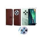3 in 1 Combo Pack for Redmi A4 5G | Poco C75 5G | 14C 5G | Poco M7 – Flip Brown Cover (Back Cover + Camera Lens Protector + Tempered Glass)