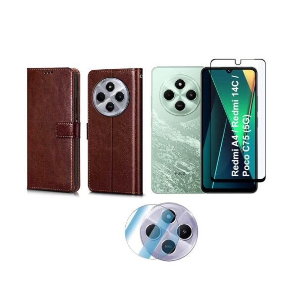 3 in 1 Combo Pack for Redmi A4 5G | Poco C75 5G | 14C 5G | Poco M7 – Flip Brown Cover (Back Cover + Camera Lens Protector + Tempered Glass)