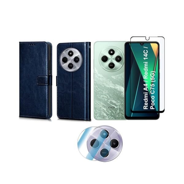 3 in 1 Combo Pack for Redmi A4 5G | Poco C75 5G | 14C 5G | Poco M7 – Flip Blue Cover (Back Cover + Camera Lens Protector + Tempered Glass)