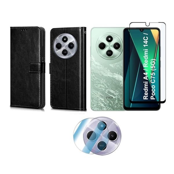 3 in 1 Combo Pack for Redmi A4 5G | Poco C75 5G | 14C 5G | Poco M7 – Flip Black Cover (Back Cover + Camera Lens Protector + Tempered Glass)