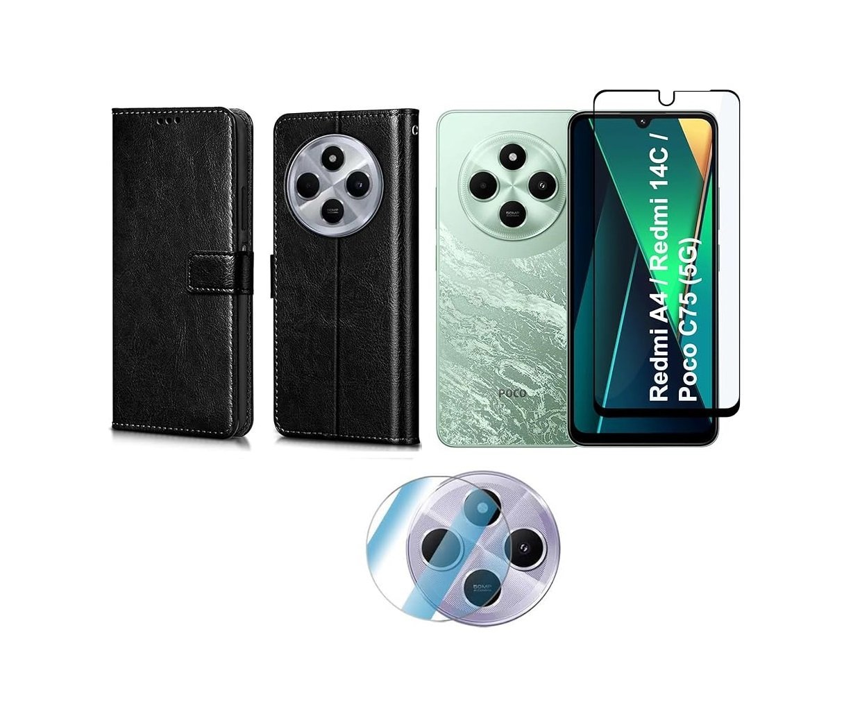 3 in 1 Combo Pack for Redmi A4 5G | Poco C75 5G | 14C 5G | Poco M7 – Flip Black Cover (Back Cover + Camera Lens Protector + Tempered Glass) 3 in 1 Combo Pack for Redmi A4 5G | Poco C75 5G | 14C 5G | Poco M7 – Flip Black Cover (Back Cover + Camera Lens Protector + Tempered Glass)