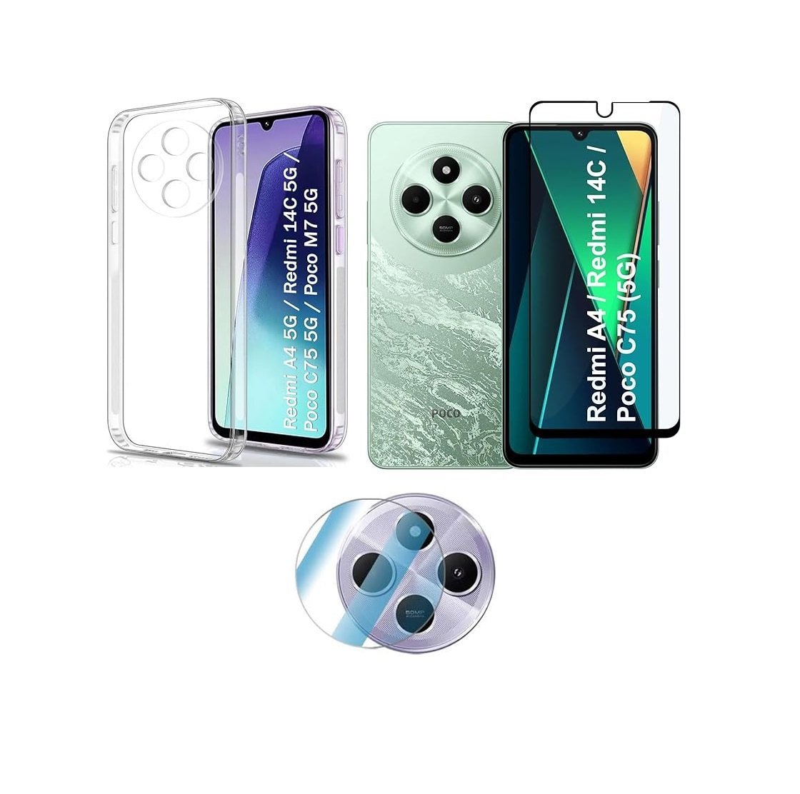 3 in 1 Combo Pack for Redmi A4 5G | Poco C75 5G | 14C 5G | Poco M – Transparent Cover (Back Cover + Camera Lens Protector + Tempered Glass) 3 in 1 Combo Pack for Redmi A4 5G | Poco C75 5G | 14C 5G | Poco M – Transparent Cover (Back Cover + Camera Lens Protector + Tempered Glass)
