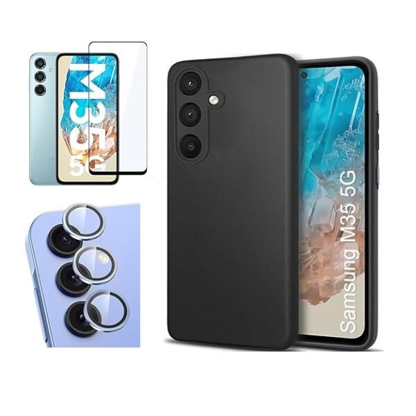 3 in 1 Combo Pack for Samsung Galaxy M35 5G – Silicone Black (Back Cover + Camera Lens Protector + Tempered Glass)