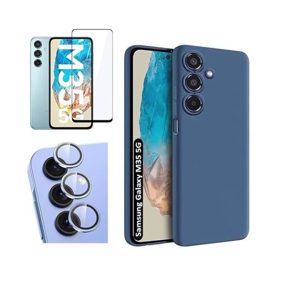 3 in 1 Combo Pack for Samsung Galaxy M35 5G – Silicone Blue (Back Cover + Camera Lens Protector + Tempered Glass)