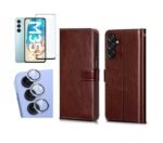 3 in 1 Combo Pack for Samsung Galaxy M35 5G – Flip Brown (Back Cover + Camera Lens Protector + Tempered Glass)