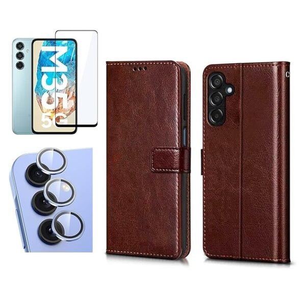 3 in 1 Combo Pack for Samsung Galaxy M35 5G – Flip Brown (Back Cover + Camera Lens Protector + Tempered Glass)