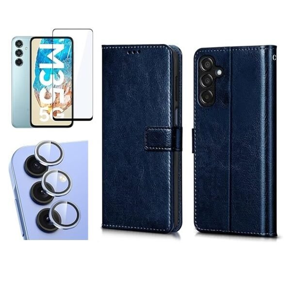 3 in 1 Combo Pack for Samsung Galaxy M35 5G – Flip Blue (Back Cover + Camera Lens Protector + Tempered Glass)