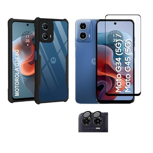 3 in 1 Combo Pack for Motorola Moto G34 5G | Moto G45 5G – Eagle Transparent Cover (Back Cover + Camera Lens Protector + Tempered Glass)