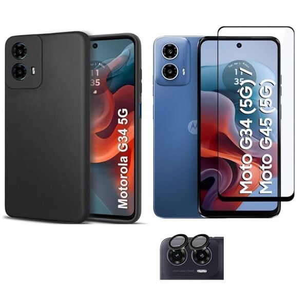 3 in 1 Combo Pack for Motorola Moto G34 5G | Moto G45 5G – Silicone Black Cover (Back Cover + Camera Lens Protector + Tempered Glass)