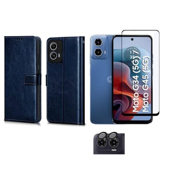 3 in 1 Combo Pack for Motorola Moto G34 5G | Moto G45 5G – Flip Blue Cover (Back Cover + Camera Lens Protector + Tempered Glass)