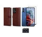 3 in 1 Combo Pack for Motorola Moto G34 5G | Moto G45 5G – Flip Brown Cover (Back Cover + Camera Lens Protector + Tempered Glass)