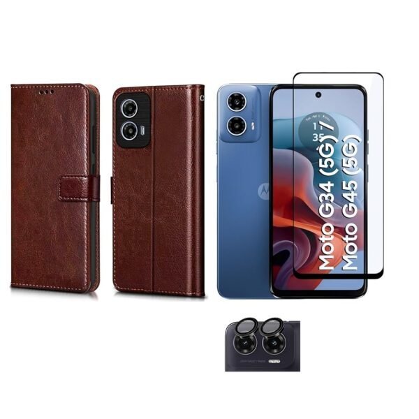 3 in 1 Combo Pack for Motorola Moto G34 5G | Moto G45 5G – Flip Brown Cover (Back Cover + Camera Lens Protector + Tempered Glass)