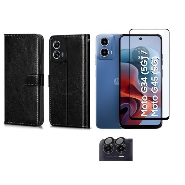 3 in 1 Combo Pack for Motorola Moto G34 5G | Moto G45 5G – Flip Black Cover (Back Cover + Camera Lens Protector + Tempered Glass)