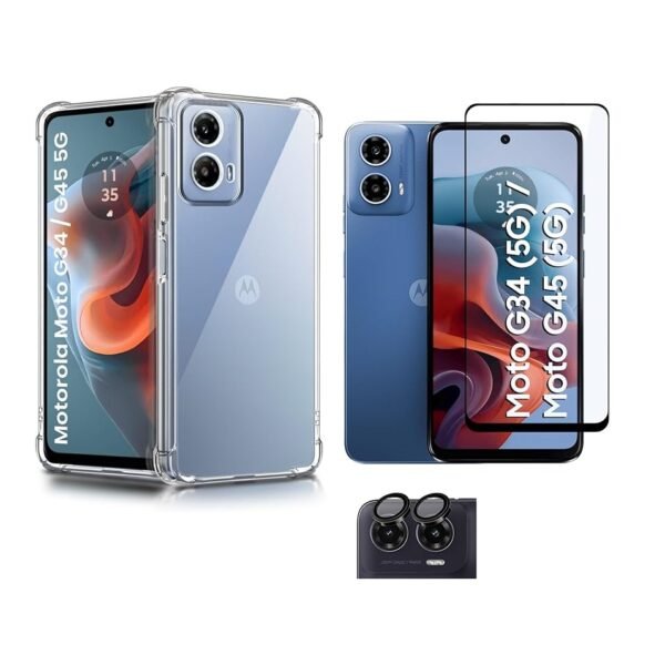 3 in 1 Combo Pack for Motorola Moto G34 5G | Moto G45 5G – Transparent Cover (Back Cover + Camera Lens Protector + Tempered Glass)