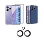Combo pack for Redmi Note 14 (5G) Back Cover | (Silicone, Blue)| Camera Lens Protector & Tempered Screen Glass.