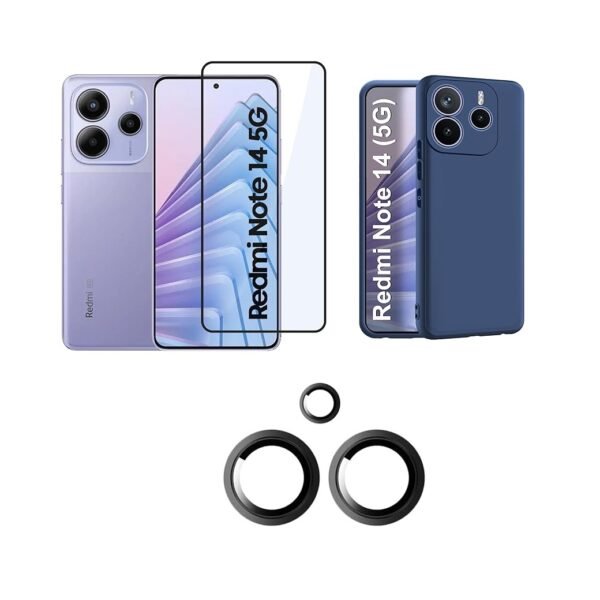 Combo pack for Redmi Note 14 (5G) Back Cover | (Silicone, Blue)| Camera Lens Protector & Tempered Screen Glass.