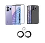 Combo pack for Redmi Note 14 (5G) Back Cover |  (Silicone, Black) Camera Lens Protector & Tempered Screen Glass.