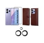 Combo pack for Flip Cover Back Case Cover for Redmi Note 14 5G | (Brown) | Camera Lens Protector & Tempered Screen Glass.