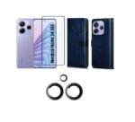 Combo pack for Flip Cover Back Case Cover for Redmi Note 14 5G | Blue | Camera Lens Protector & Tempered Screen Glass.
