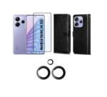 Combo pack for Flip Cover Back Case Cover for Redmi Note 14 5G (Black) Camera Lens Protector & Tempered Screen Glass.