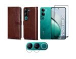 Combo Flip Cover for Vivo Y300 5G (Brown) | Leather Wallet Case + Stand + Camera Lens Protection Screen glass.