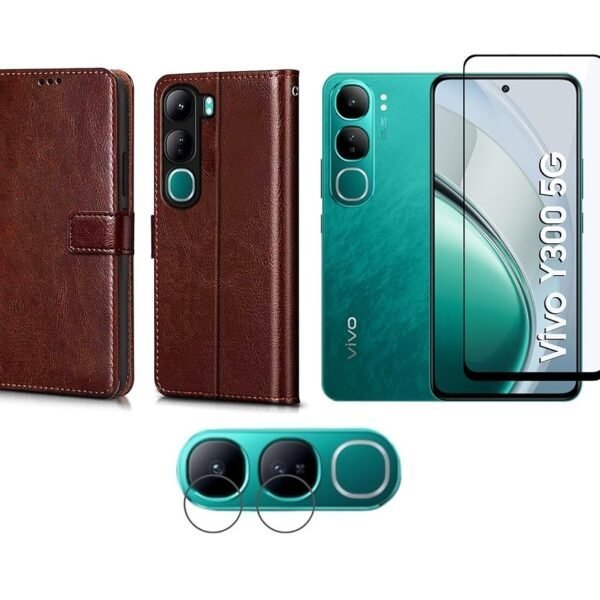 Combo Flip Cover for Vivo Y300 5G (Brown) | Leather Wallet Case + Stand + Camera Lens Protection Screen glass.