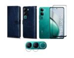 Combo Vivo Y300 5G Flip Cover Combo | Leather Wallet Case with Card Pockets & Stand (Blue) + Tempered Screen Glass + Camera Lens Protector