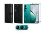 Combo pack Vivo Y300 5G Flip Cover (Black) + Tempered Glass + Camera Lens Protector | Leather Wallet Case with Stand & Card Slots